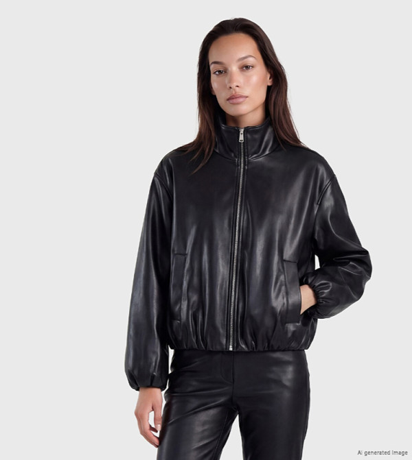 Solid Mock Neck Oversized Faux Leather Jacket