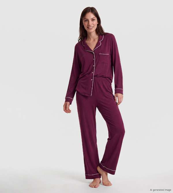 Solid Lapel Collar Long Sleeves Pyjama Set