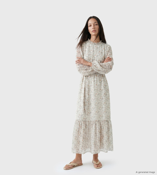Floral Print Ruffle Neck Tiered Maxi Dress
