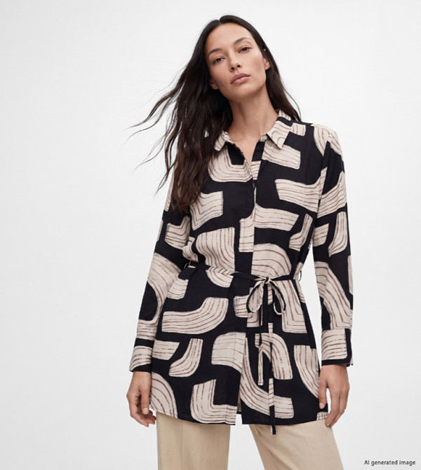 Abstract Belted Long Sleeves Tunic