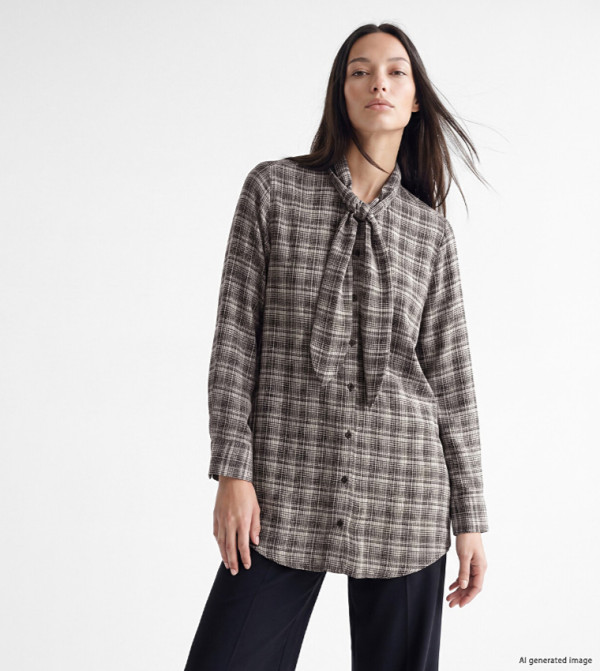 Checkered Scarf Detail Shirt Tunic