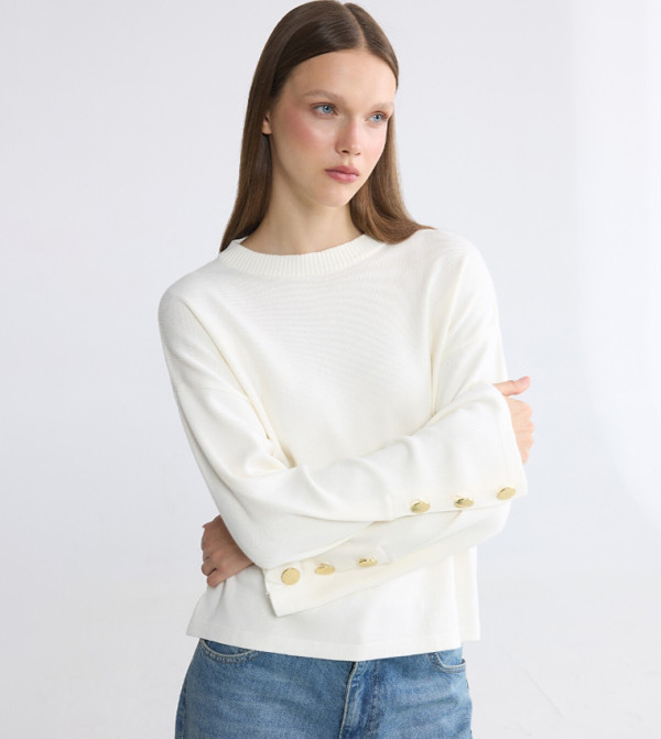 Gold Button Cuff Crew Neck Sweater