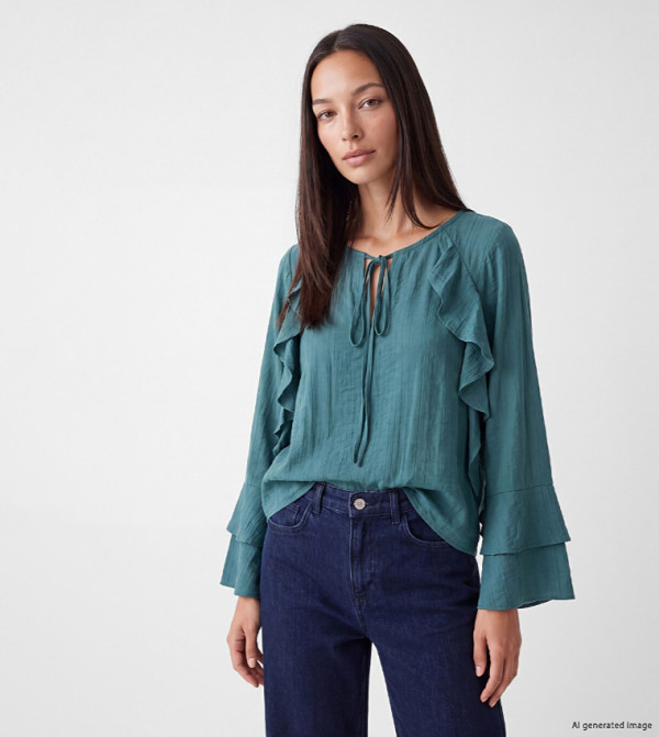 Solid Tie-Up Neck Ruffle Detail Top