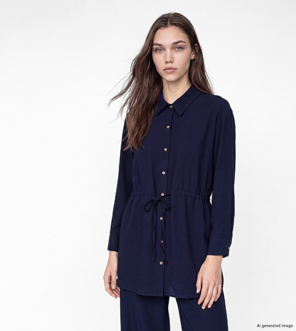 Solid Long Sleeves Drawstring Waist Shirt Tunic