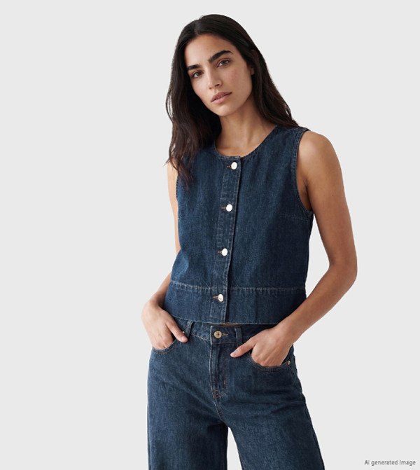 Washed Round Neck Denim Waistcoat