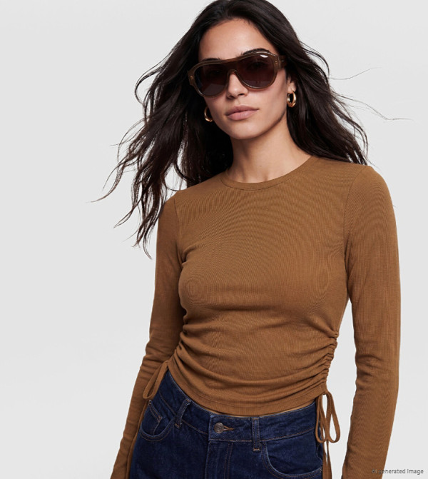 Ribbed Drawstring Long Sleeves Top
