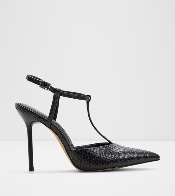 LEONNIAH Snake Textured Ankle Strap Mule Pumps
