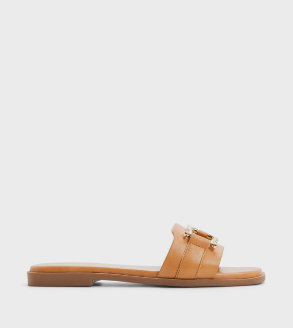 MISSYY Metal Accent Square Toe Flat Sandals