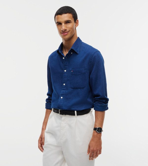 Flag Detail Long Sleeves Denim Shirt