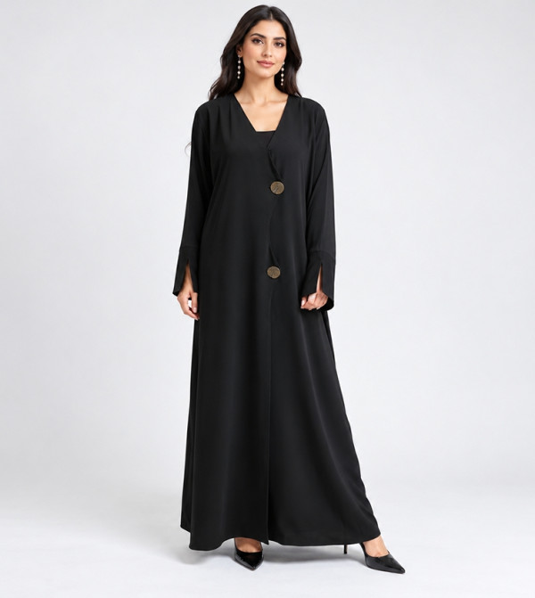 Button Detail V-Neck Abaya