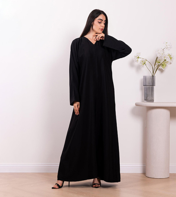 Solid V-Neck Zipper Abaya