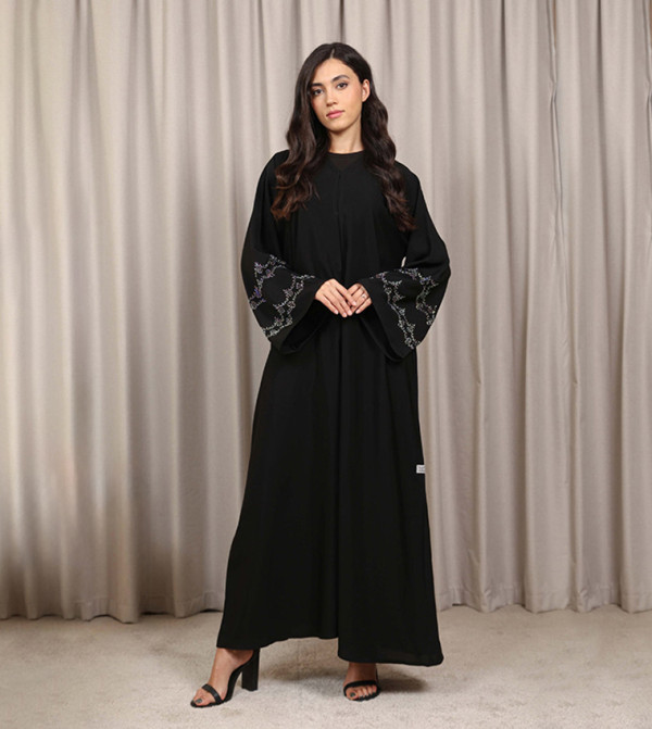 Solid Crew Neck Batwing Sleeves Nida Bahraini&nbsp;Cut Abaya