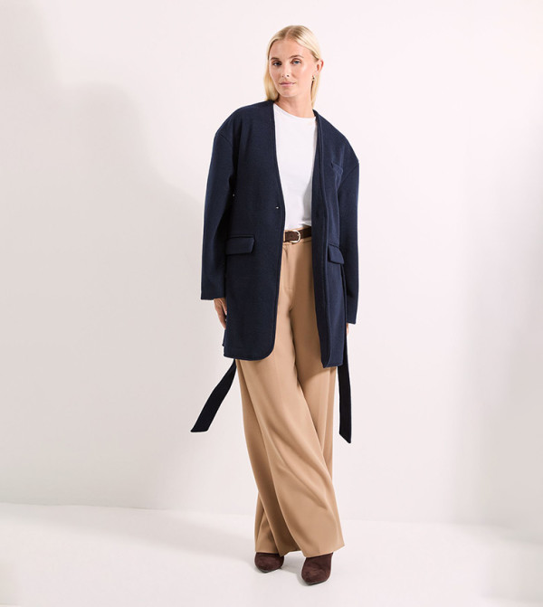 Tie Waist Pocket Detail Long Sleeves Coat
