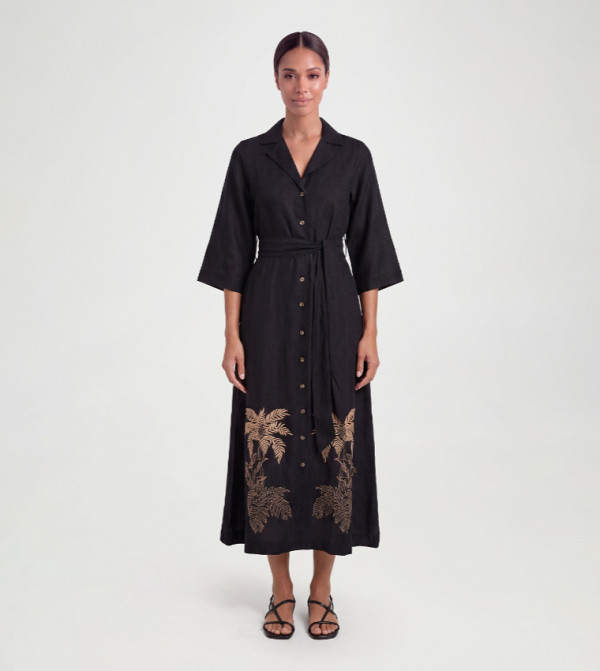 Embroidered Palm Viscose Shirt Midi Dress
