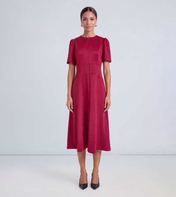Solid Seam Detail Zip Front Midi Dress