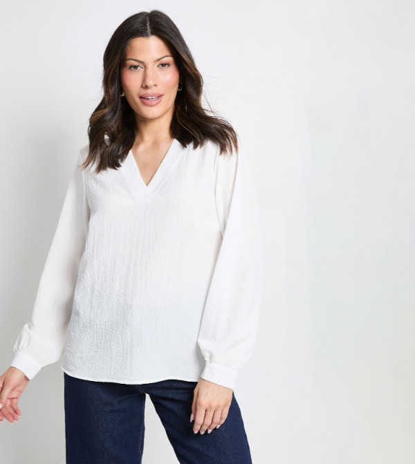Bubble Crepe V-Neck Long Sleeves Top