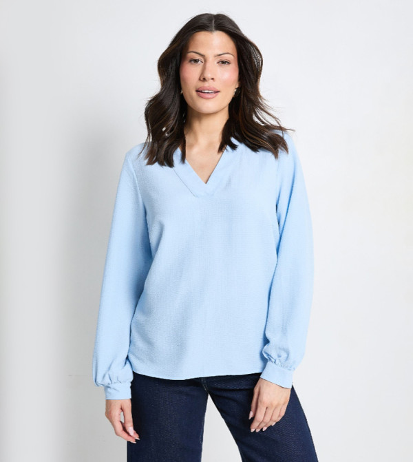 Bubble Crepe V-Neck Long Sleeves Top