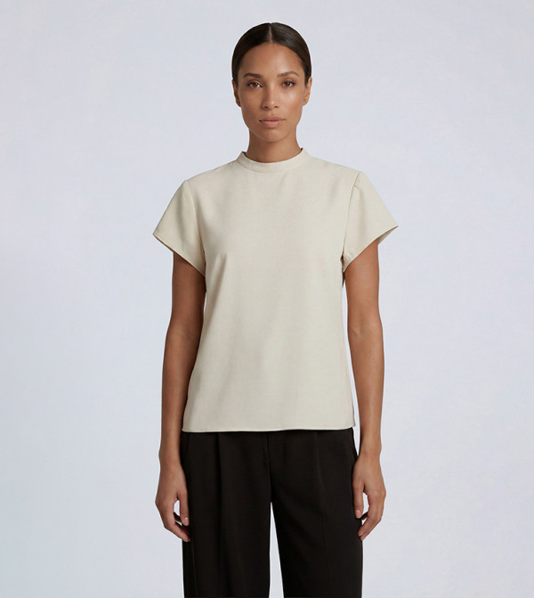 High Neck Twill Short Sleeves Top