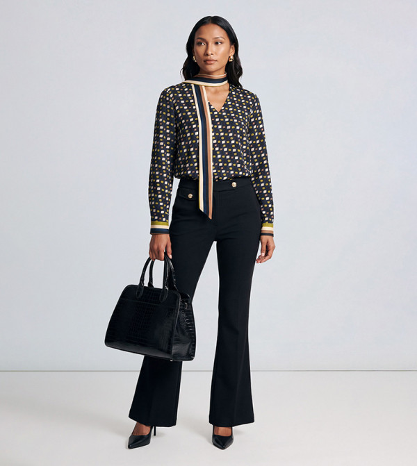 Fluid Geo Printed Scarf Detail Long Sleeves Top