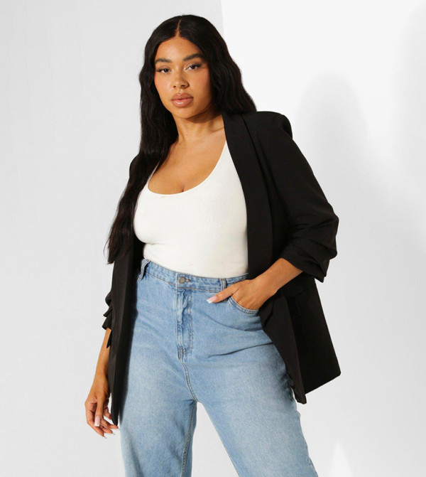 Stretch Woven Ruched Sleeves Blazer