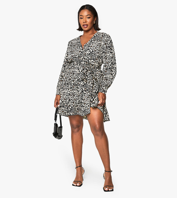 Curve Leopard Print Wrap Ruffle Skater Dress