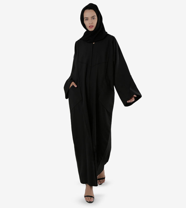 عباية بأكمام طويلة وياقة أمامية - أسود