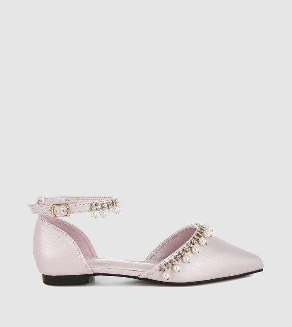 Rhinestone & Pearl Ankle Strap Flat Shoes