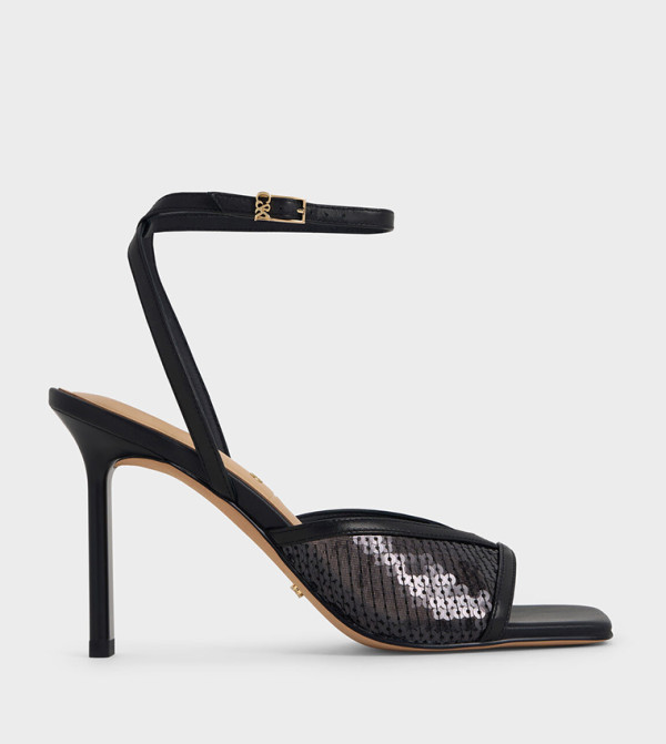 Sequins Mesh & Leather Ankle Strap Heeled Sandals