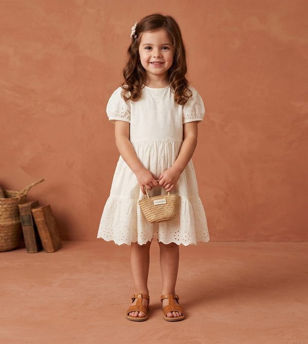 Openwork Puff Sleeves Tiered Mini Dress