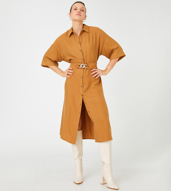 Solid Belted Slit Short Sleeves Shirt Dress