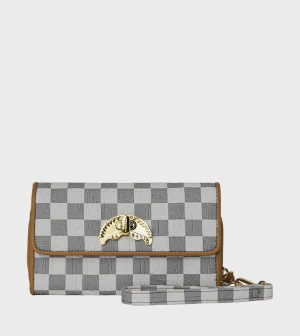 Embossed Check Turnlock Wallet with Wristlet Strap