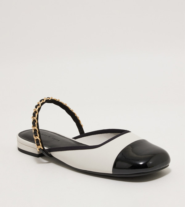 Patent Two-Tone Chain-Strap Mules