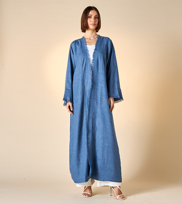 Raw Trim Open-Front Abaya with Hijab