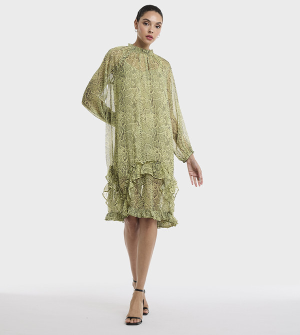 Buy BCBG Printed V Neck Fit And Flare Dress In Green | 6thstreet Oman