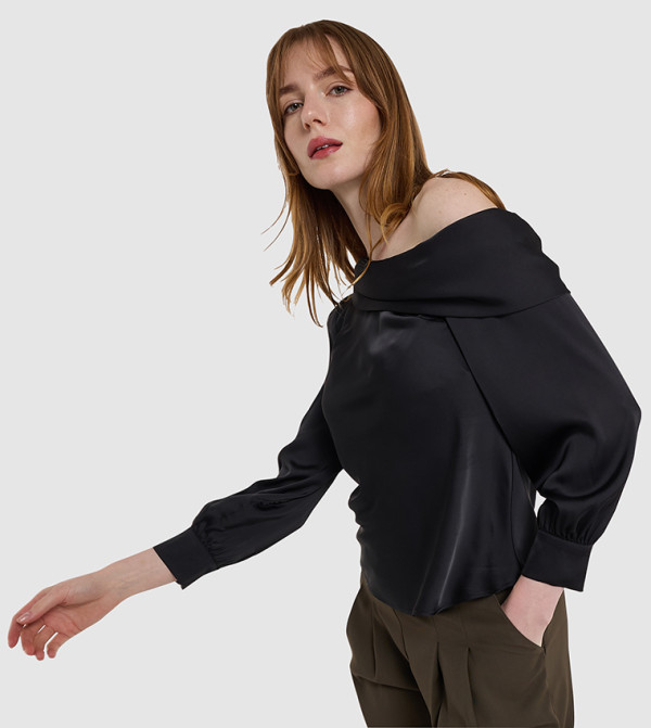 Draped Asymmetric Neck Satin Top