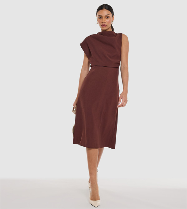 فستان ميدي سادة باكمام متعرجة