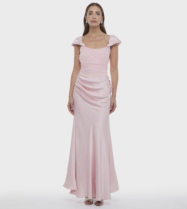 Ruched Cap Sleeves Corset Satin Maxi Dress