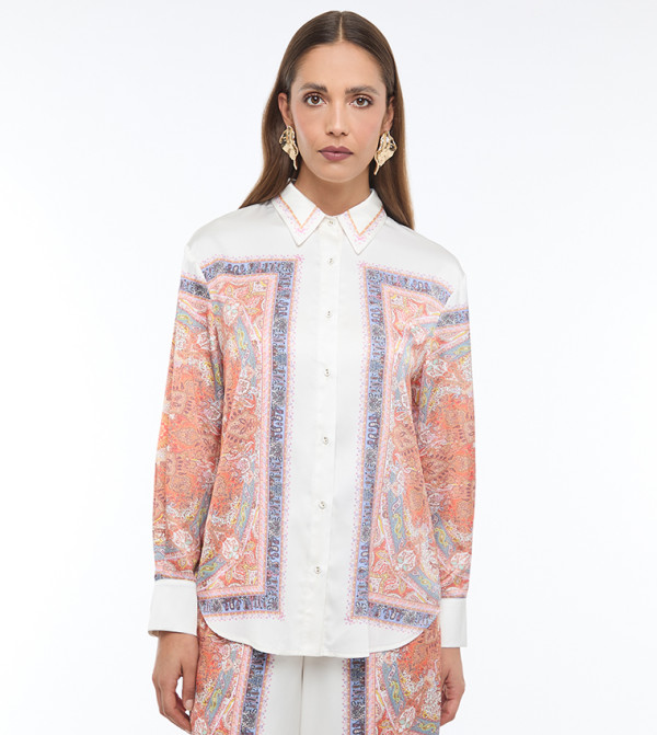 قميص ساتان كم طويل بطبعة