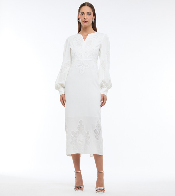 فستان ميدي لينن مطرز كم بيشوب