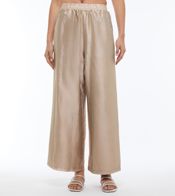 Textured Elastic Waist Silky Wide Leg Pants