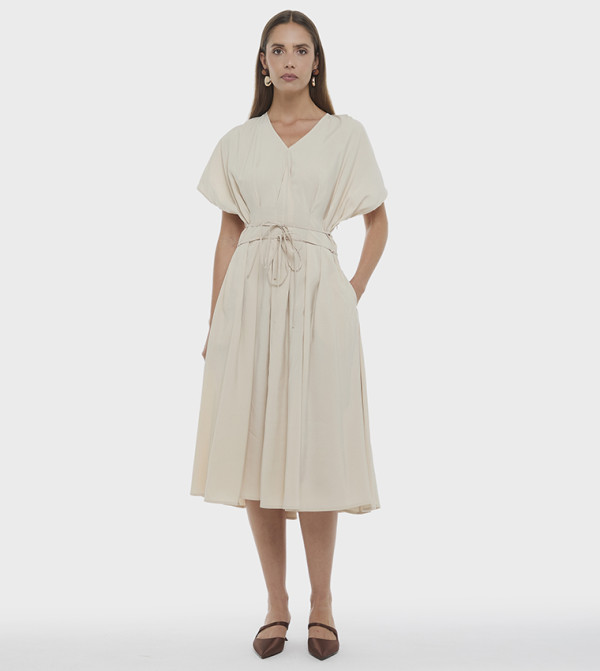 CUPRO Solid V-Neck Batwing Sleeves Midi Dress