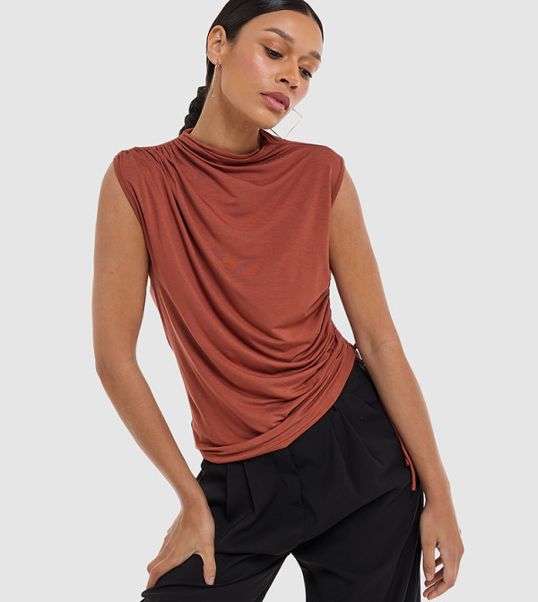 Ruched Cowl Neck Sleeveless Top