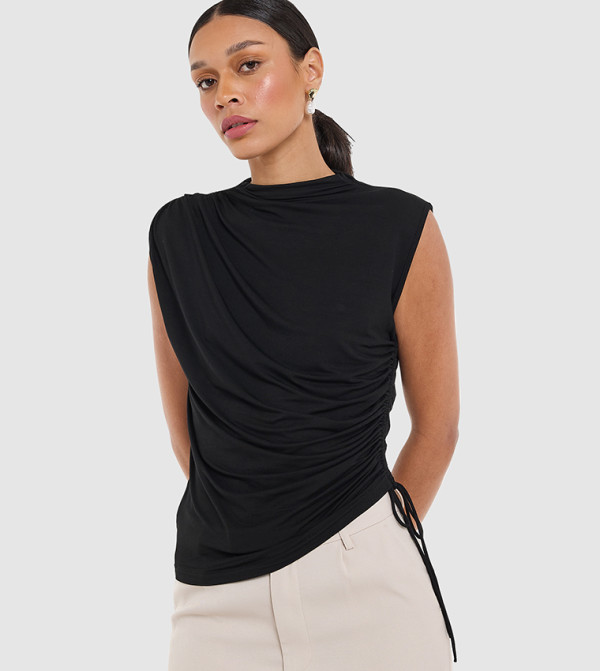 Ruched Cowl Neck Sleeveless Top