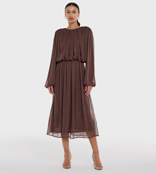 Ruched Waist Long Sleeves Midi Dress