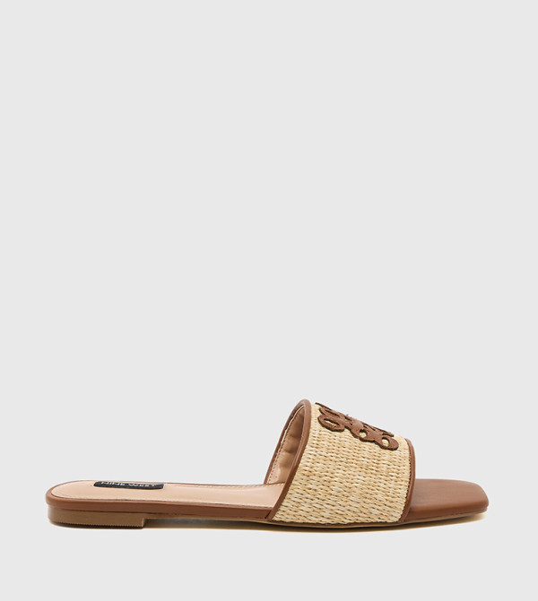 Monogram Appliqued Raffia Flat Sandals