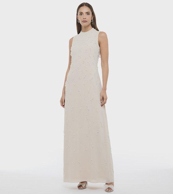 فستان ماكسي بدون كم مزين باللؤلؤ