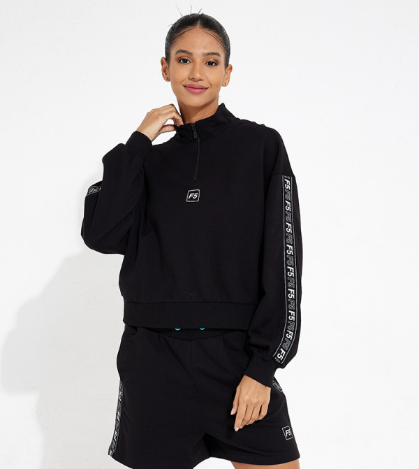 Logo Tape Detail Mock Neck Long Sleeve Sweatshirt