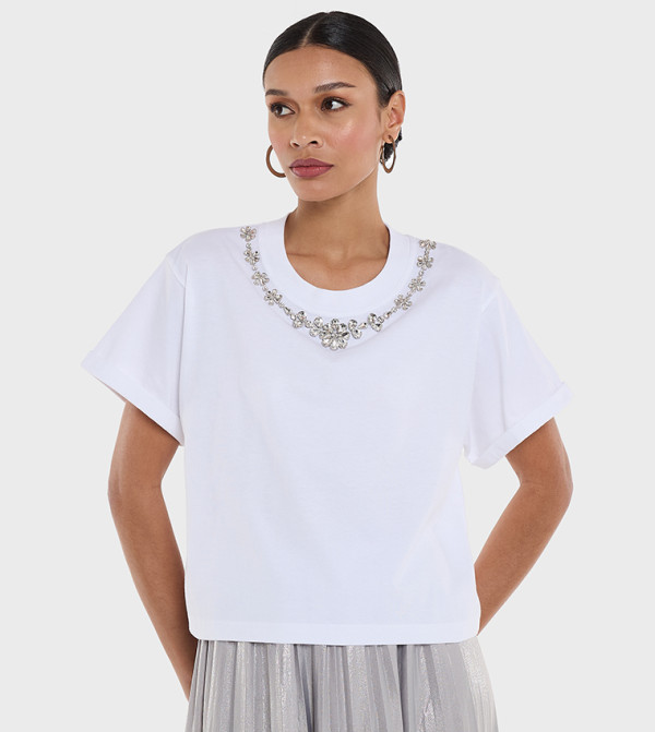 Rhinestone Crew Neck Crop T-Shirt
