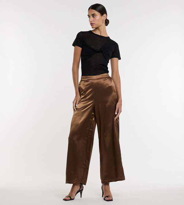 Solid Elastic Waist Wide Leg Trousers 