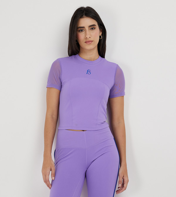 Logo Embroidered Mesh Short Sleeve Cropped Top